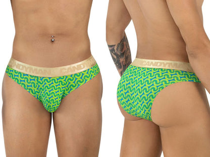 CandyMan 99926 briefs in bright green and blue pattern with gold waistband for comfortable everyday wear