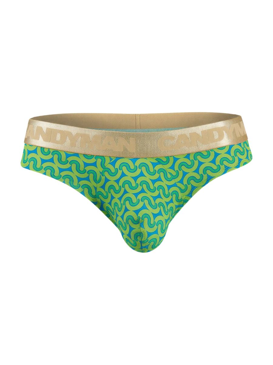 Vibrant green and teal patterned candyMan 99926 briefs with gold waistband featuring candyman logo