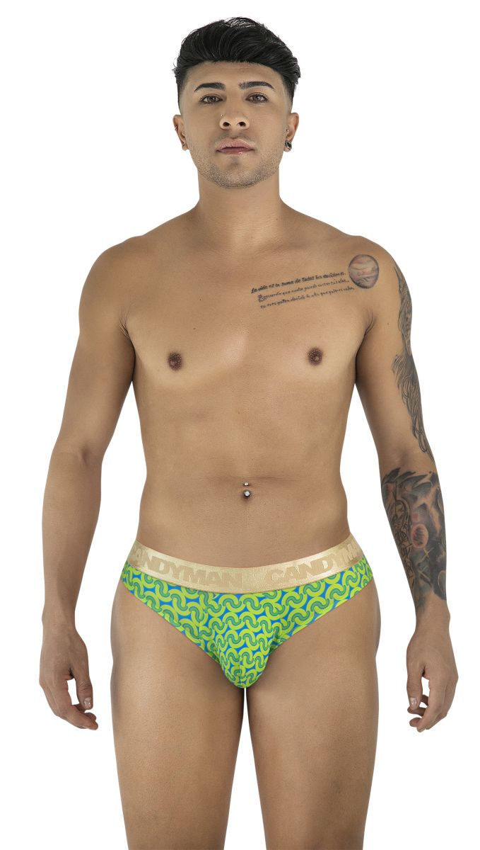 Green and blue patterned candy man 99926 briefs with beige waistband and black candy branding for men