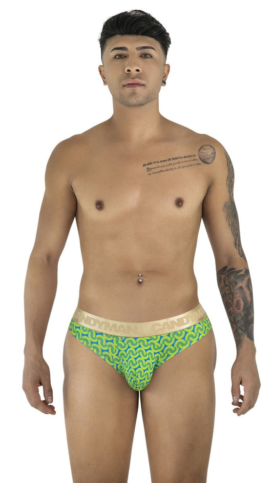 Green and blue patterned candy man 99926 briefs with beige waistband and black candy branding for men