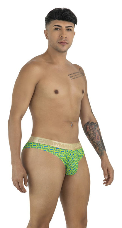 Green patterned briefs with a beige waistband featuring the brand name CandyMan 99926 for comfortable wear