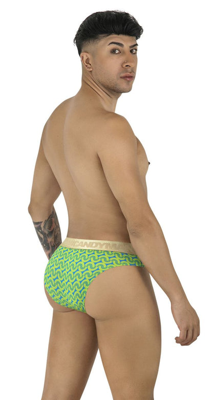 Candyman 99926 briefs feature bright green and blue patterns with a beige waistband in a colorful printed design