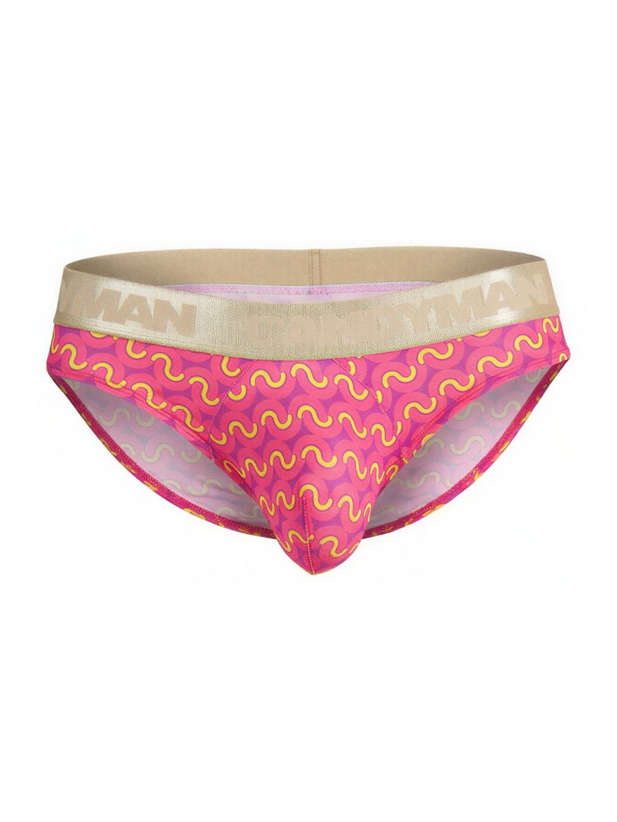 CandyMan 99926 briefs in pink with yellow wavy pattern and beige elastic waistband featuring man brand name in gold lettering