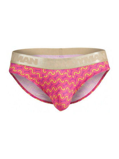 CandyMan 99926 briefs in pink with yellow wavy pattern and beige elastic waistband featuring man brand name in gold lettering