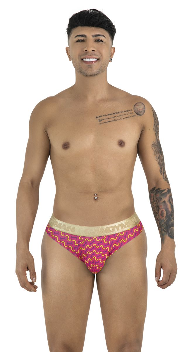Pink and gold patterned wavy design mens briefs candyMan 99926 briefs color printed pink front view