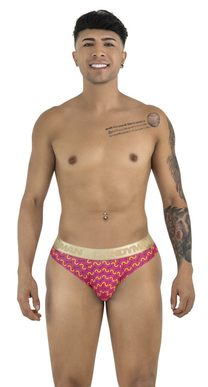 Pink and gold patterned wavy design mens briefs candyMan 99926 briefs color printed pink front view