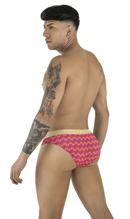 CandyMan 99926 briefs in vibrant pink with bold yellow wavy pattern and beige waistband for comfortable wear