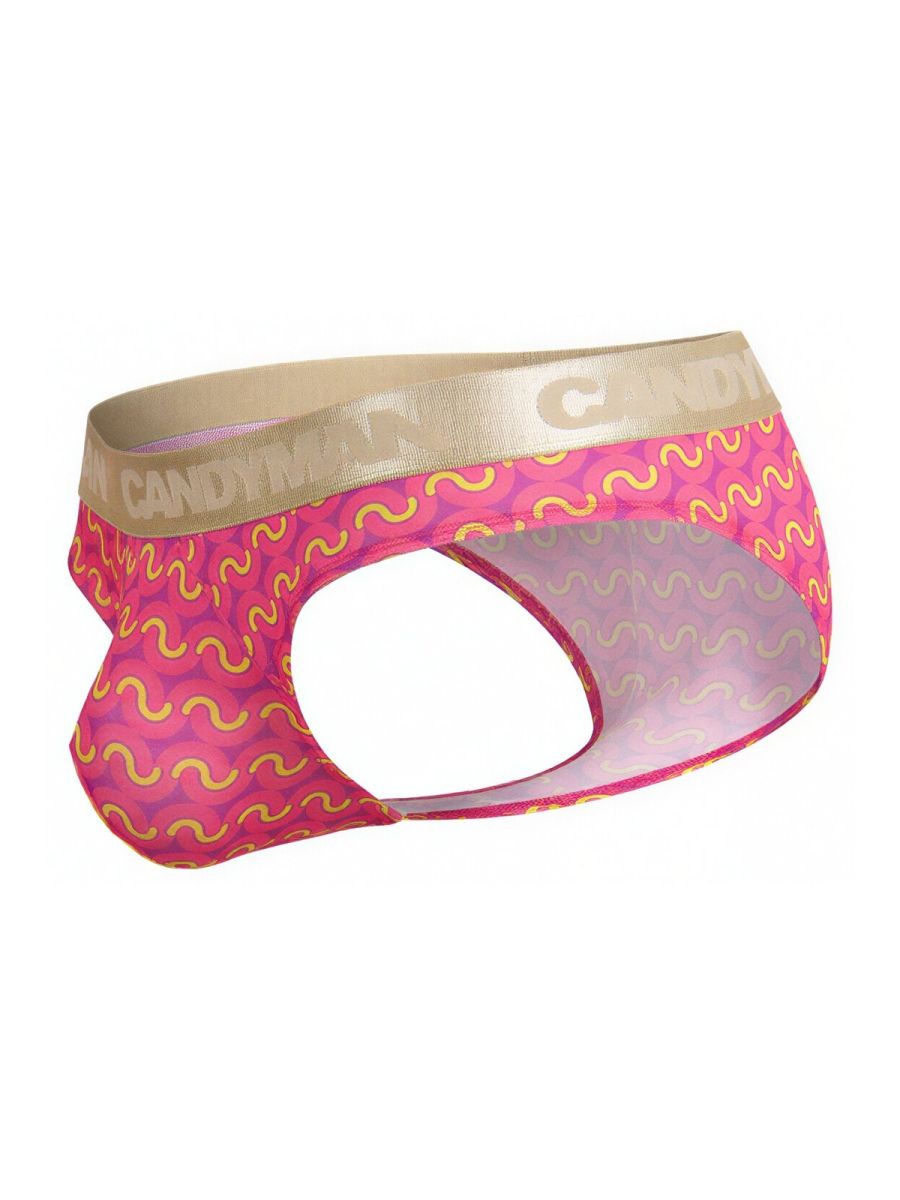 CandyMan 99926 briefs in pink with gold pattern and sheer mesh panel for stylish men’s underwear
