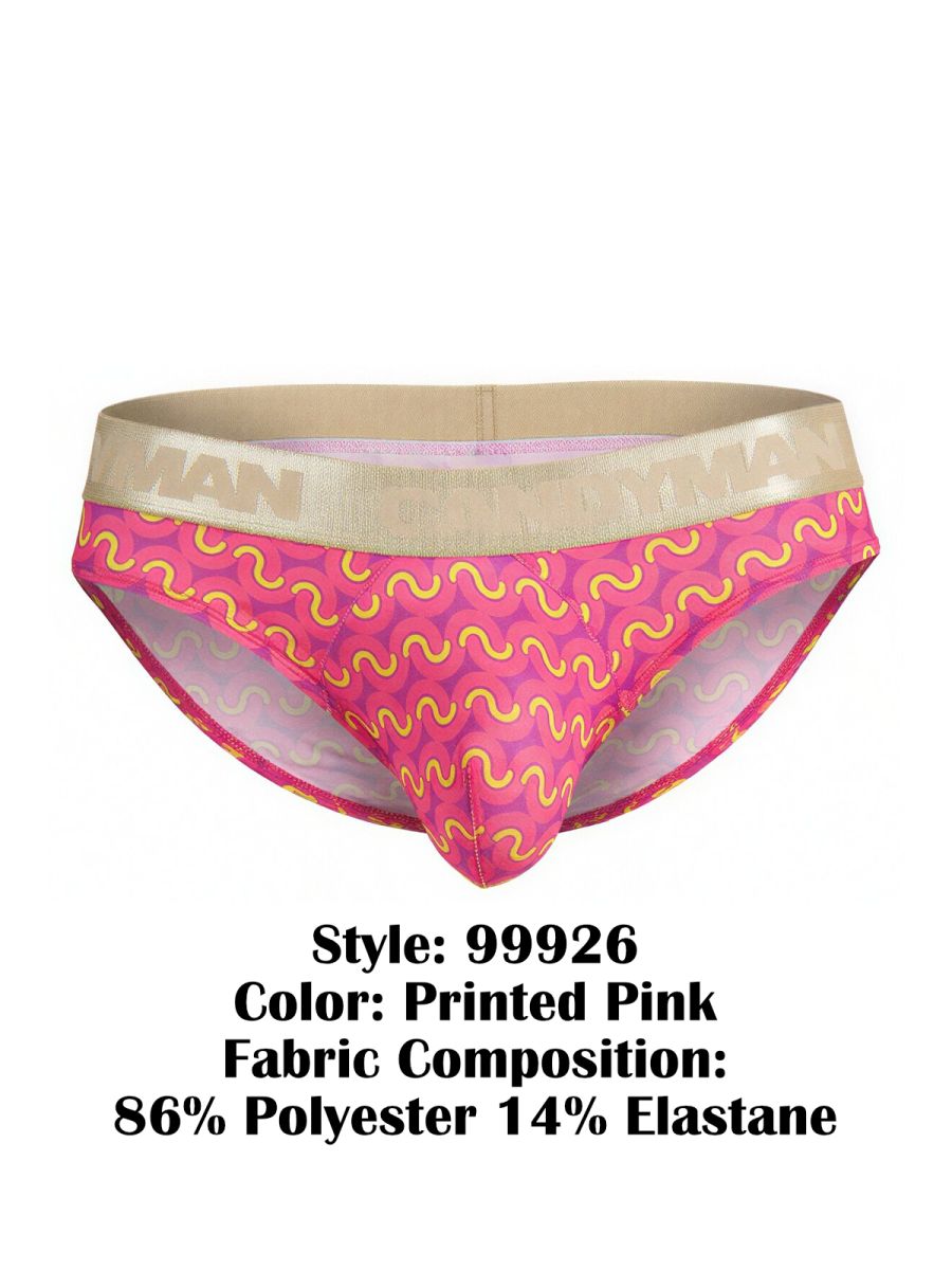 Printed pink CandyMan 99926 briefs with a vibrant wavy yellow pattern and beige elastic waistband for comfortable wear