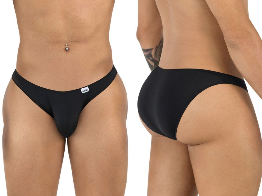 Black candyman 99928 bikini thong underwear with smooth stretchy fabric and small white brand tag on waistband