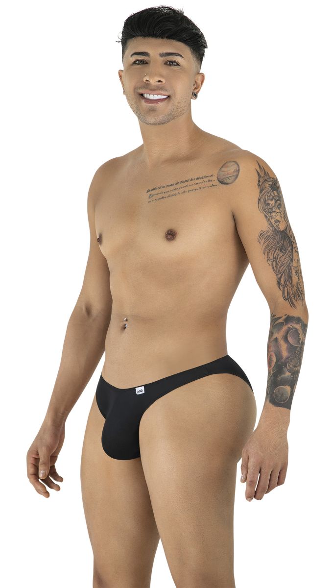 Black form-fitting briefs by candyman 99928 with a small white logo on the left hip for comfortable wear