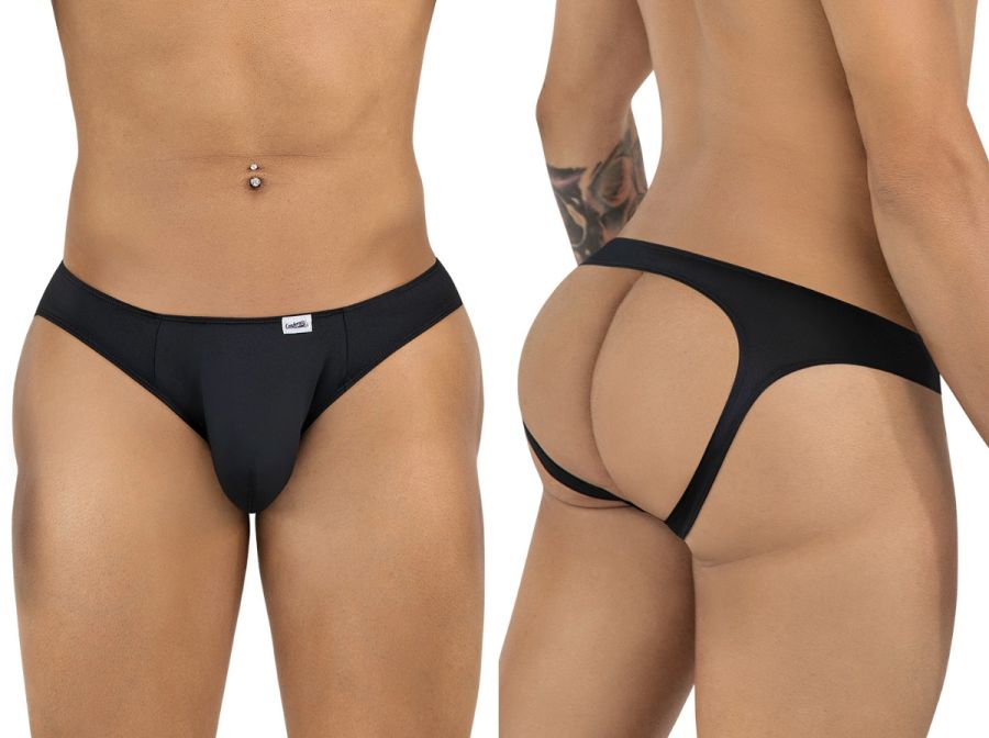 Black candyman 99929 jockstrap back side with form-fitting thong, wide waistband, and back straps
