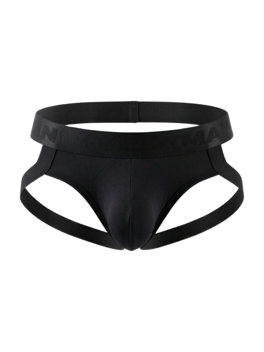 Black sleek form-fitting CandyMan 99929 jockstrap briefs with smooth satin-like finish for men
