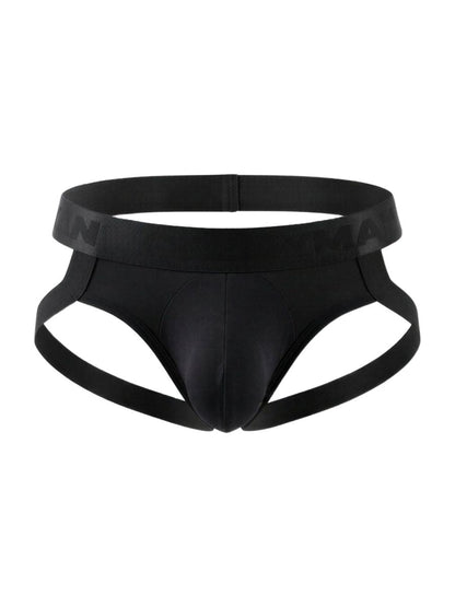 Black sleek form-fitting CandyMan 99929 jockstrap briefs with smooth satin-like finish for men