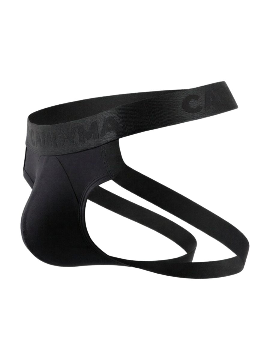 Black candyMan 99929 jockstrap briefs with contoured design and elastic waistband featuring canxma branding