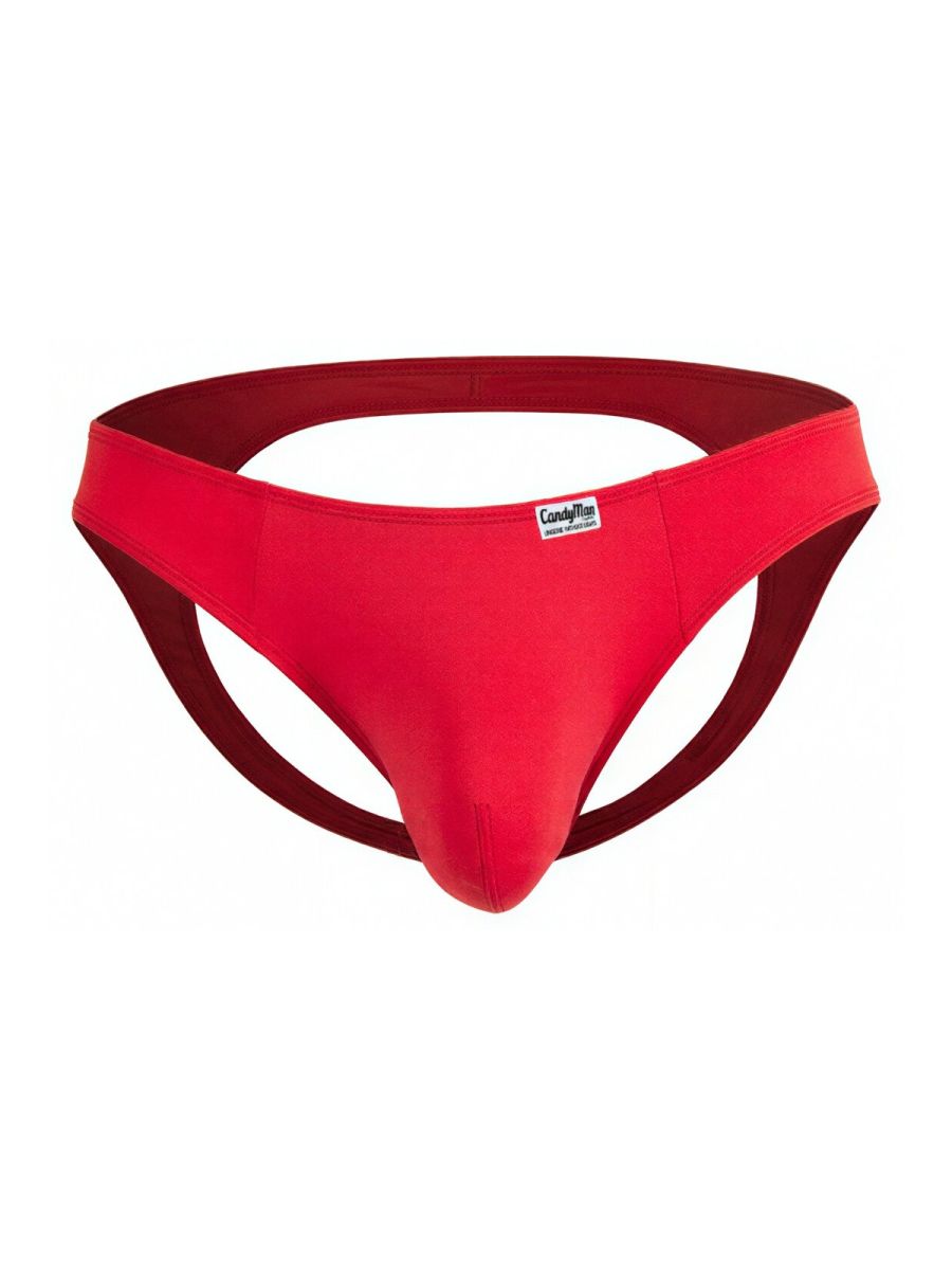 Red candyman 99929 jockstrap thong with smooth fabric and dark red inner lining in front view