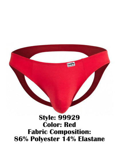 Red candyman 99929 jockstrap thong in red smooth stretchy polyester and elastane fabric showing front view