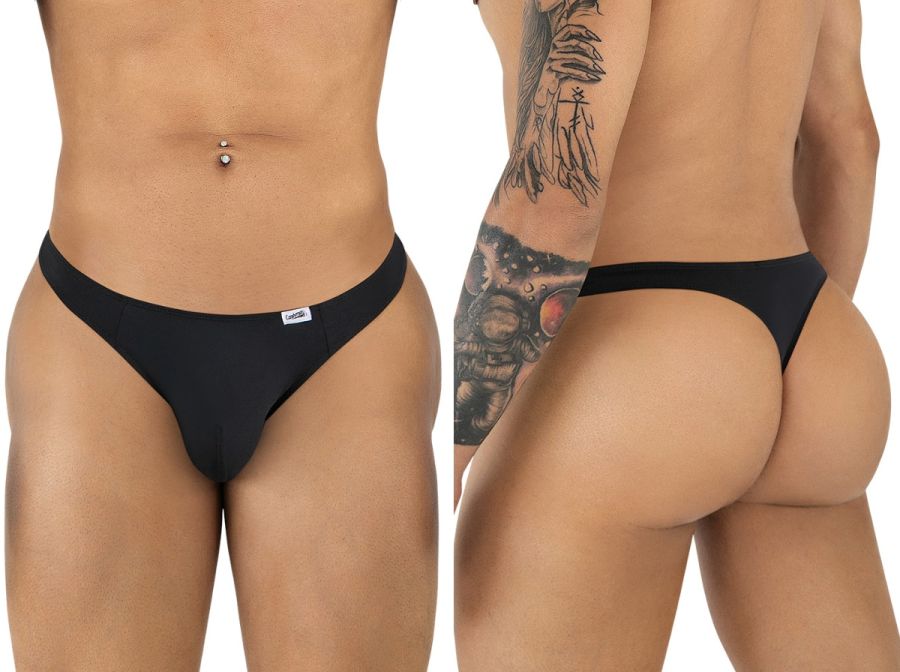 Black thong with a small white brand tag on the waistband from candyman 99930 thongs collection