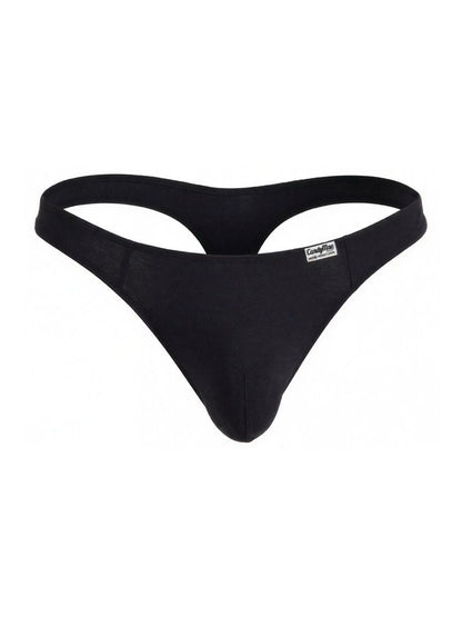 Black seamless thong candyMan 99930 with minimalist design and small brand tag on the waistband front view