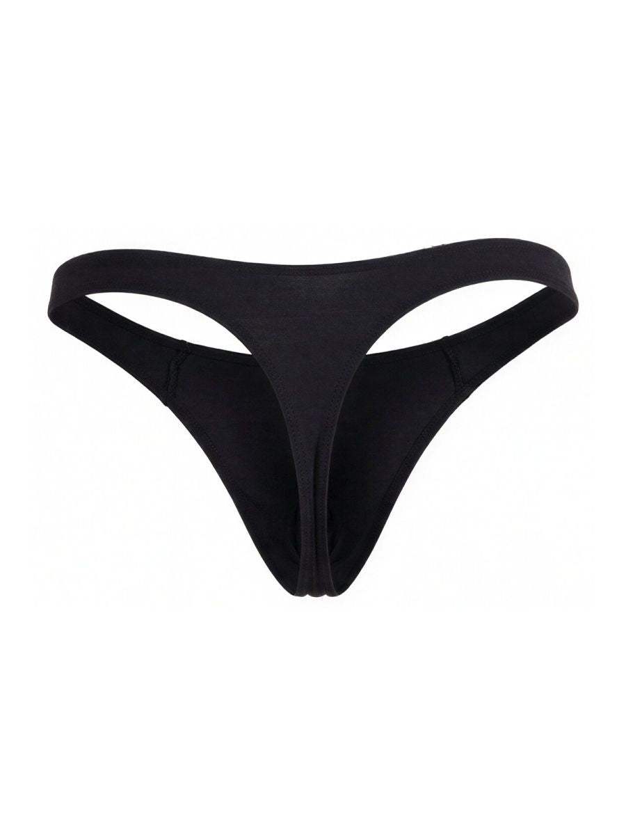 Black thong bikini bottom by candyman 99930 with smooth stretchy fabric and minimalistic design shown from the back