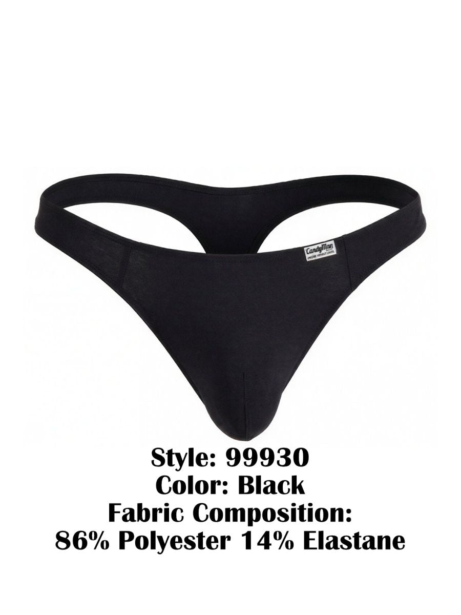 Black candyMan 99930 thong made of 86% polyester 14% elastane with sleek form fitting design and brand tag on waistband