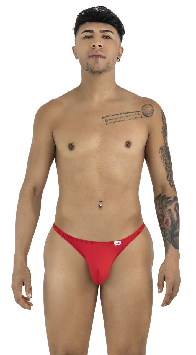 Red CandyMan 99930 thong with a small white brand tag on the waistband shown from the back side