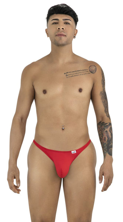 Red CandyMan 99930 thong with a small white brand tag on the waistband shown from the back side