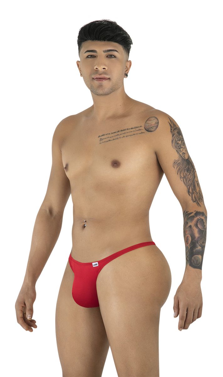 Red CandyMan 99930 thong with small white logo on left hipband showing the back side of the product