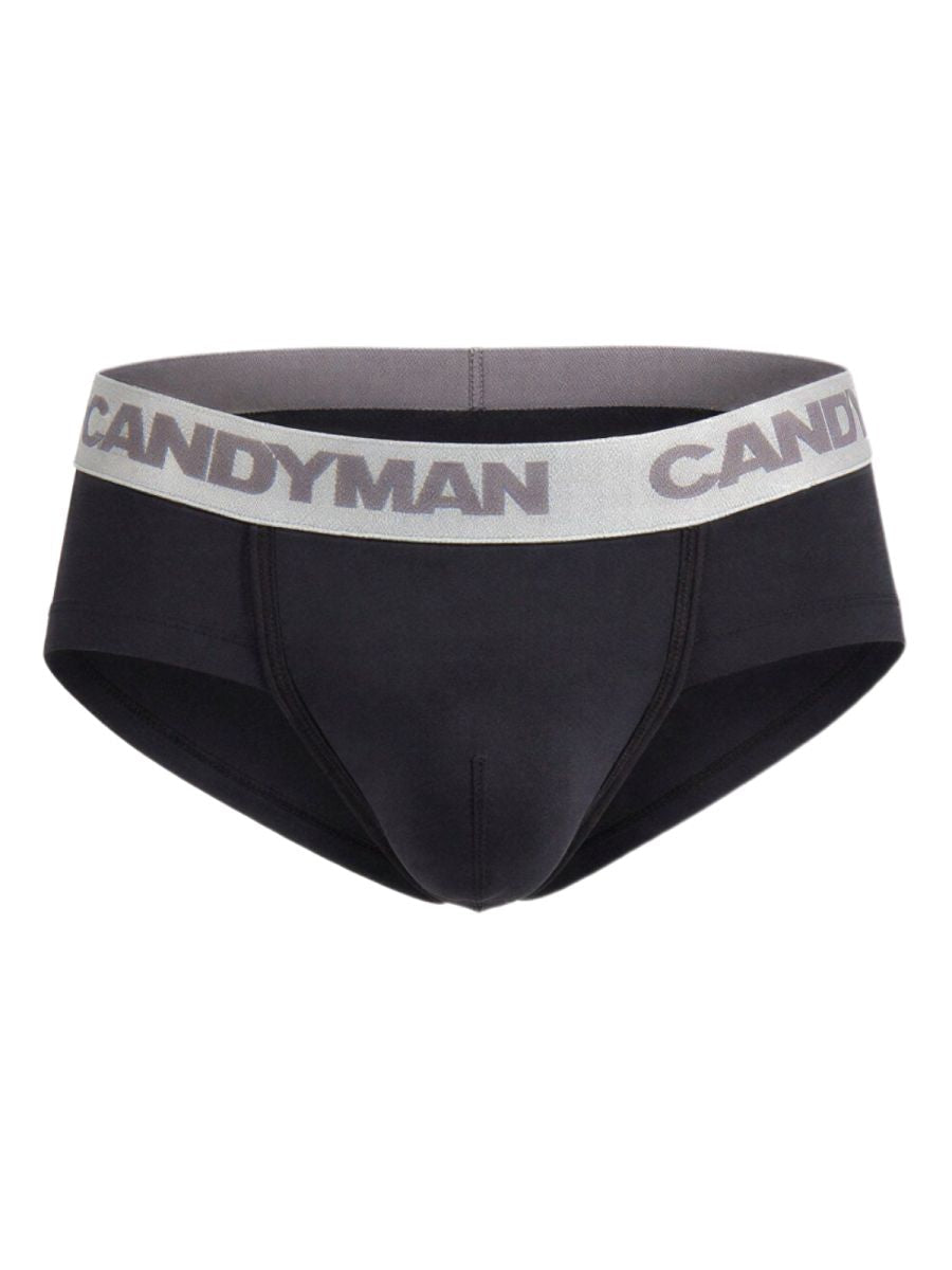 Black candyman 99932 briefs with gray white waistband featuring bold brand name in silver color design