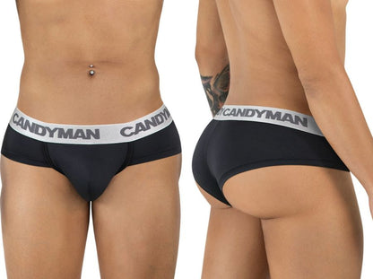 Black candyman 99932 briefs with bold black logo on contrasting white elastic waistband for comfortable wear