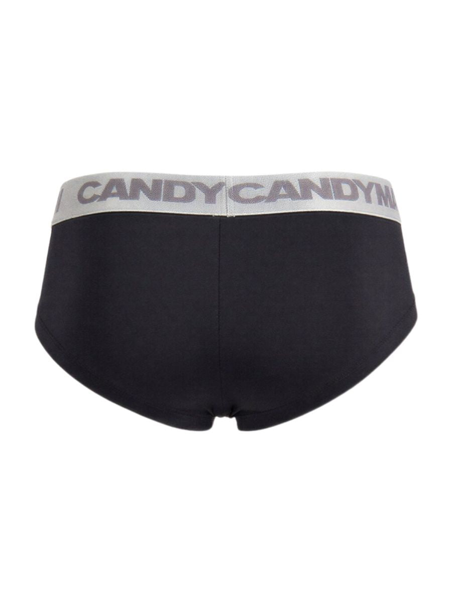 Black CandyMan 99932 briefs with a gray waistband featuring the bold repeating candy candym logo