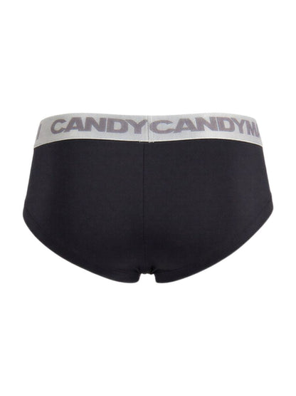Black CandyMan 99932 briefs with a gray waistband featuring the bold repeating candy candym logo