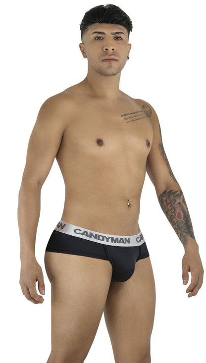 Black candyman 99932 briefs with white elastic waistband featuring candyman logo in bold black letters