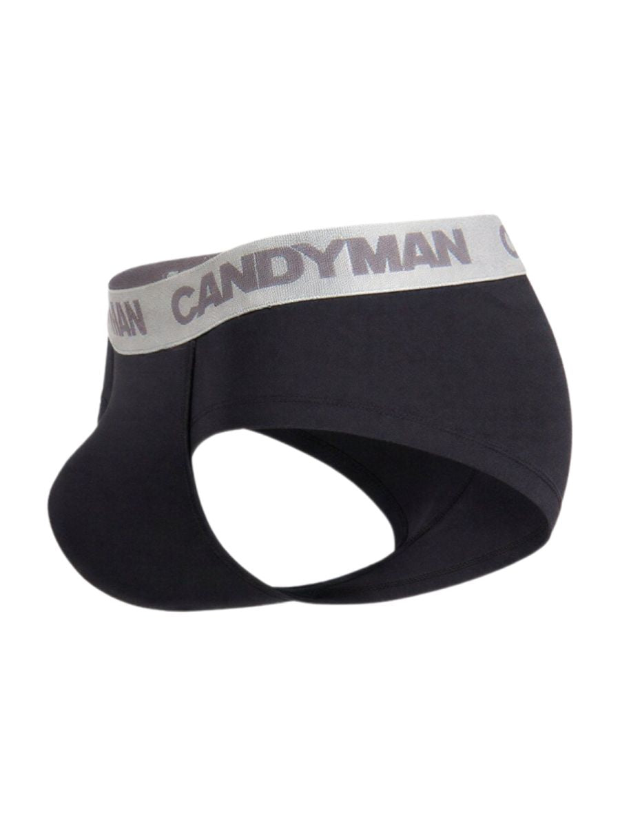 Black candyman 99932 briefs with a gray silver waistband featuring bold brand lettering for comfortable wear