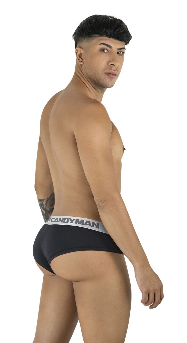 Black candyman 99932 briefs featuring a black fabric and white waistband with bold black brand lettering