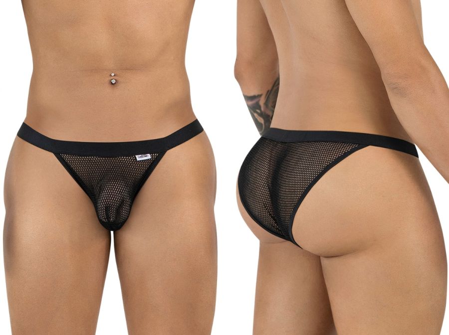 Black mesh thong bikini with solid black waistband from candyman 99933 featuring breathable mesh material