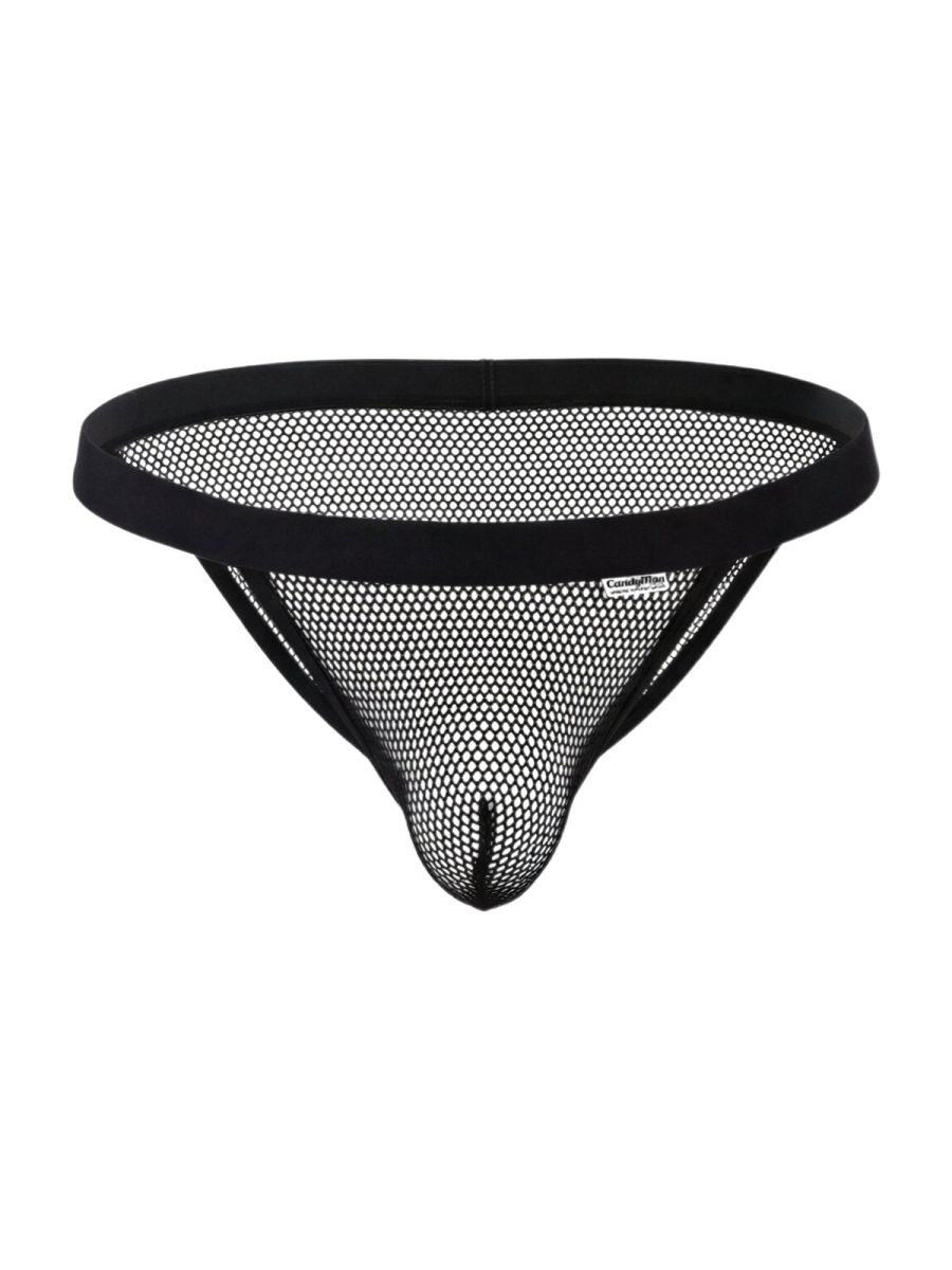 Black mesh thong bikini with solid black waistband and reinforced seams candy man 99933 front view