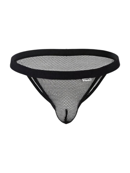 Black mesh thong bikini with solid black waistband and reinforced seams candy man 99933 front view