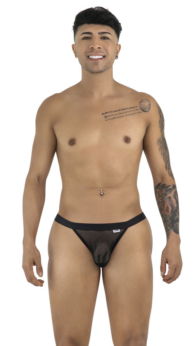 Black mesh candyMan 99933 bikini briefs with solid black waistband showing front side design