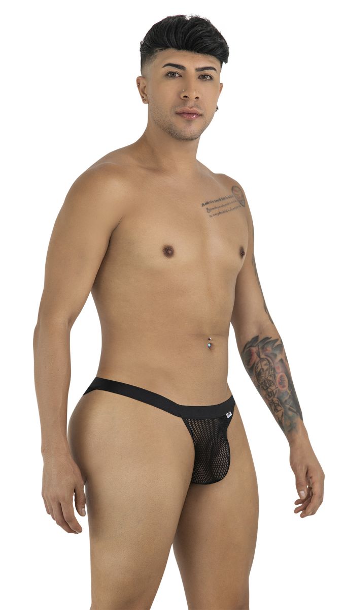 Black mesh thong bikini with solid waistband from candyman 99933 in black color showing front view