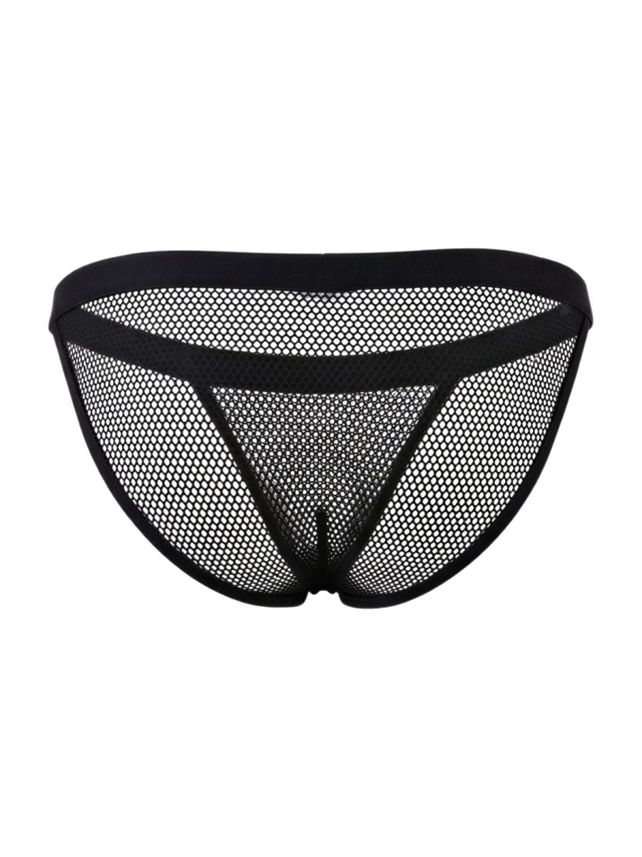Black mesh briefs by Candyman featuring a solid black waistband and triangular cutout design in bikini style