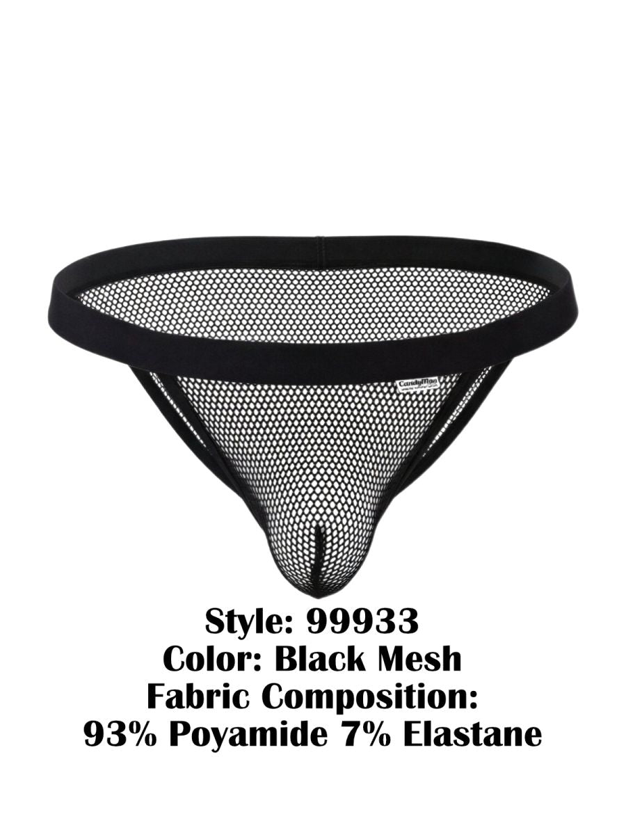 Black mesh thong bikini with solid black elastic waistband and fine hexagonal weave from CandyMan 99933 collection