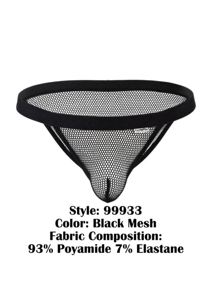 Black mesh thong bikini with solid black elastic waistband and fine hexagonal weave from CandyMan 99933 collection