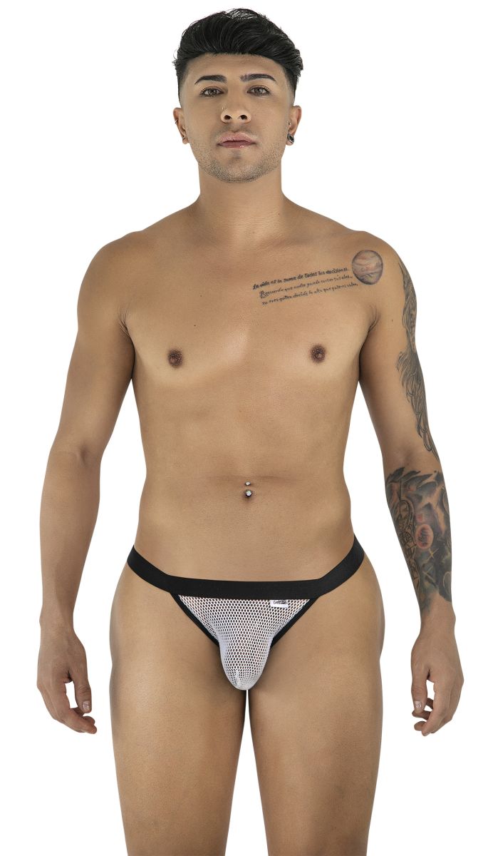 Black and silver mesh thong with black waistband from Candyman 99933 bikini white mesh collection shown from the back