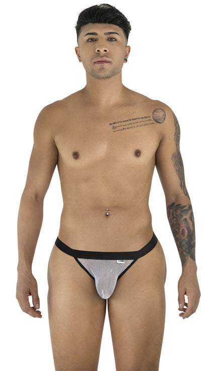 Black and silver mesh thong with black waistband from Candyman 99933 bikini white mesh collection shown from the back