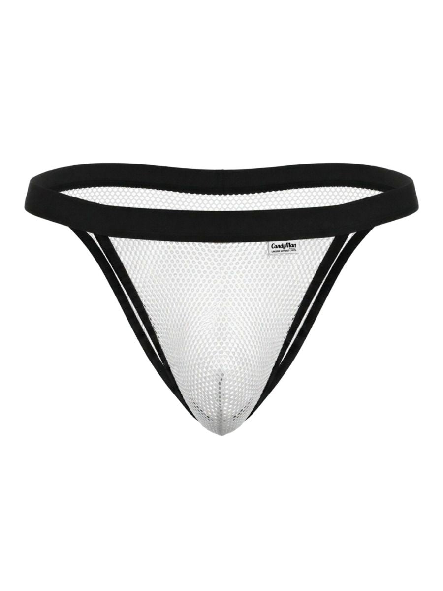 White mesh bikini thong with black elastic trim and Candyman brand label CandyMan 99933 color white mesh