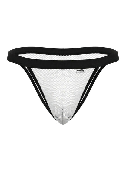 White mesh bikini thong with black elastic trim and Candyman brand label CandyMan 99933 color white mesh
