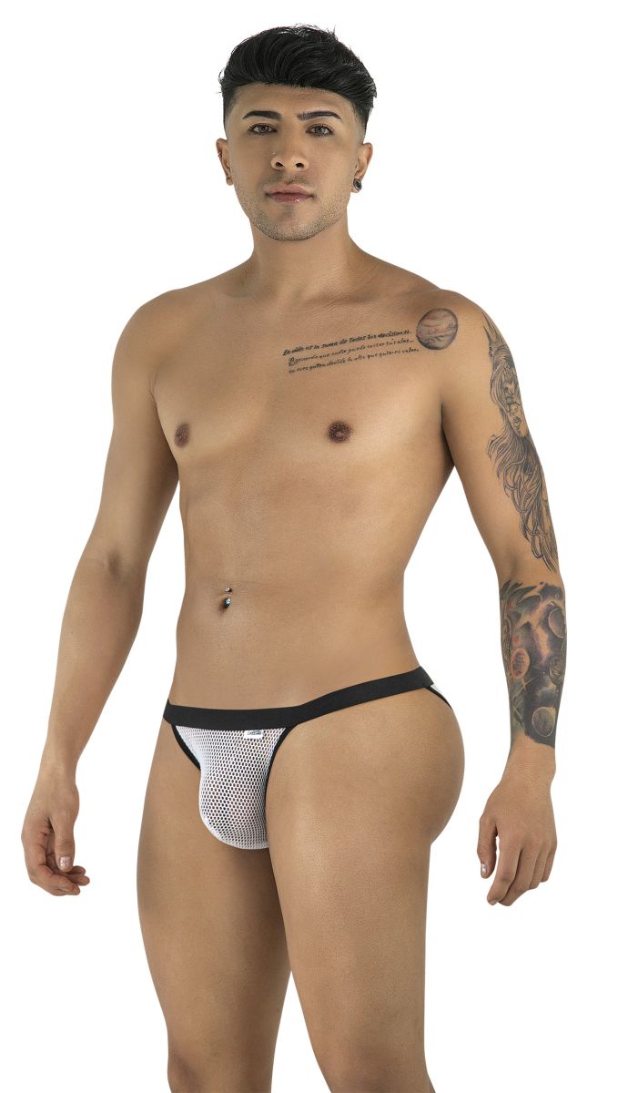 CandyMan 99933 bikini white mesh briefs with a black waistband featuring breathable mesh fabric