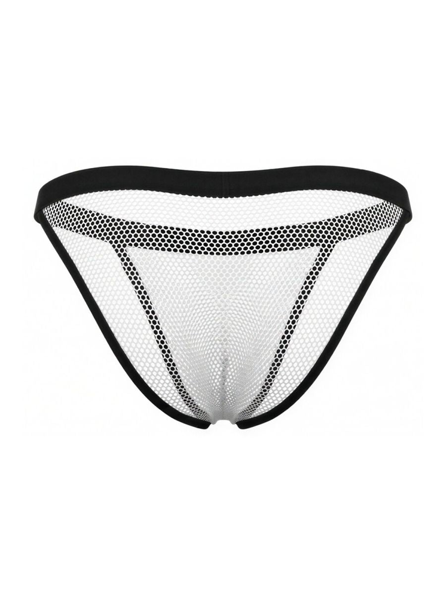 Candyman 99933 bikini color white mesh briefs in black and white mesh with solid black waistband front view