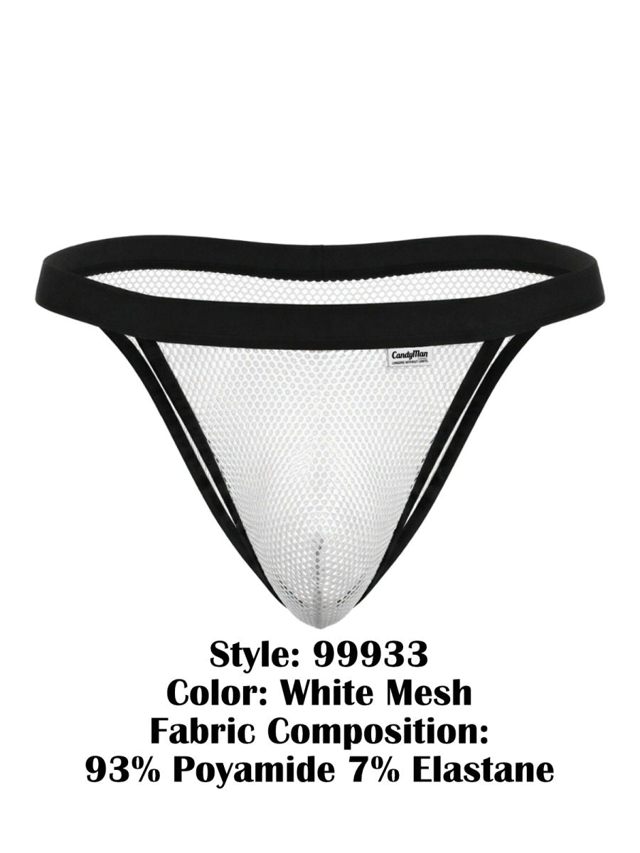 White mesh thong bikini with black elastic trim and small brand tag by candyman 99933 in white mesh